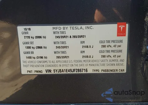 2018 Tesla Model S 100D/75D/P100D from USA, damaged, VIN 5YJSA1E49JF286716